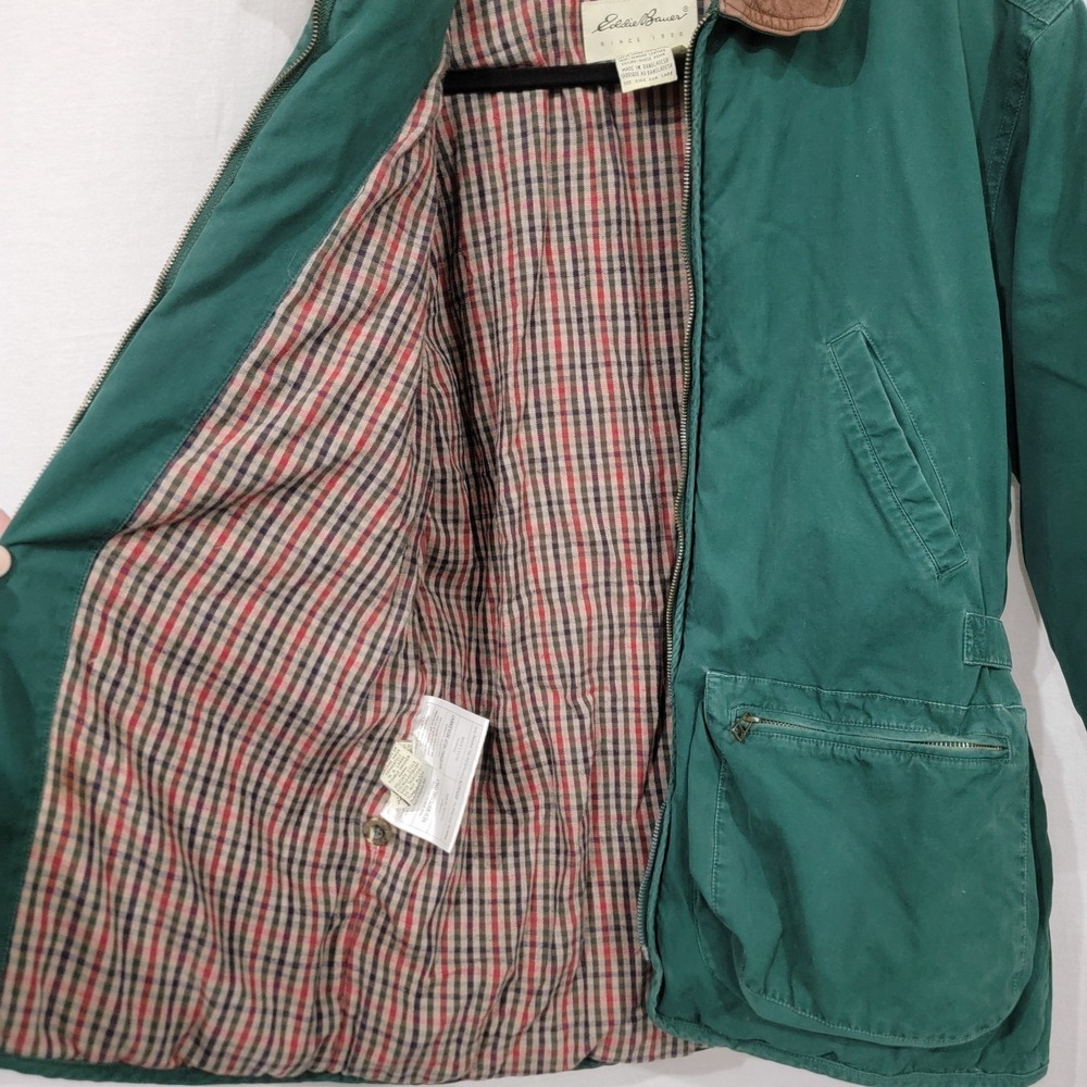 VTG Eddie Bauer Goose Down Jacket Small Women Green Cotton Leather, Hiking Chore - Picture 10 of 16